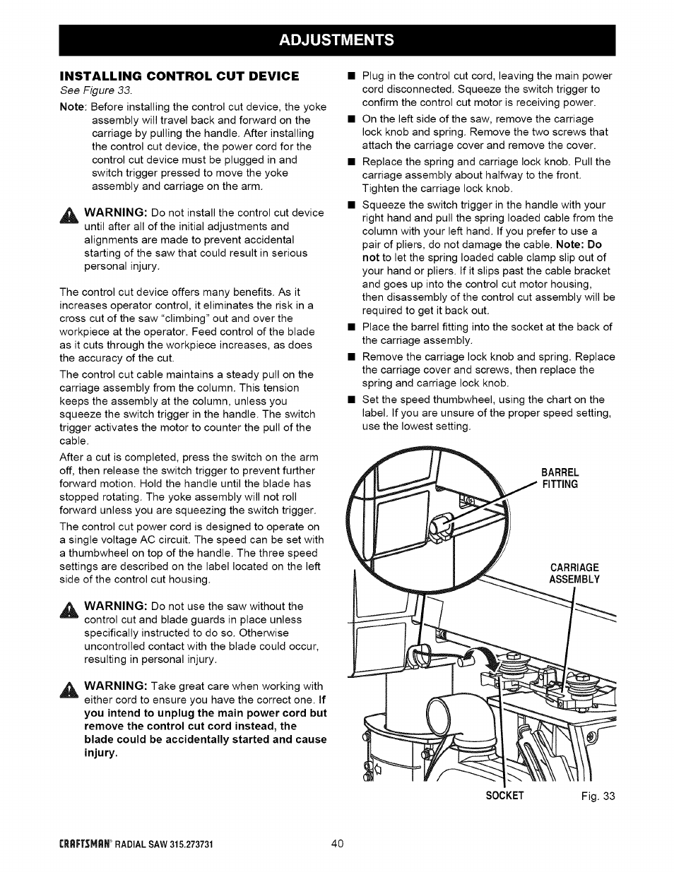 Installing control cut device | Craftsman 315.273731 User Manual | Page 40 / 80