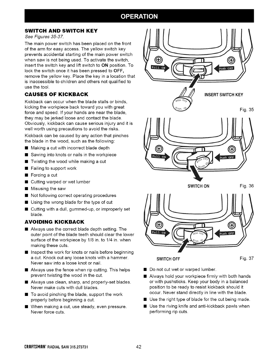Switch and switch key, Causes of kickback, Avoiding kickback | Craftsman 315.273731 User Manual | Page 42 / 80