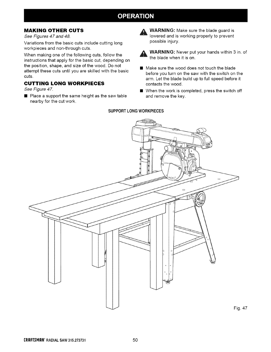 Cutting long workpieces | Craftsman 315.273731 User Manual | Page 50 / 80