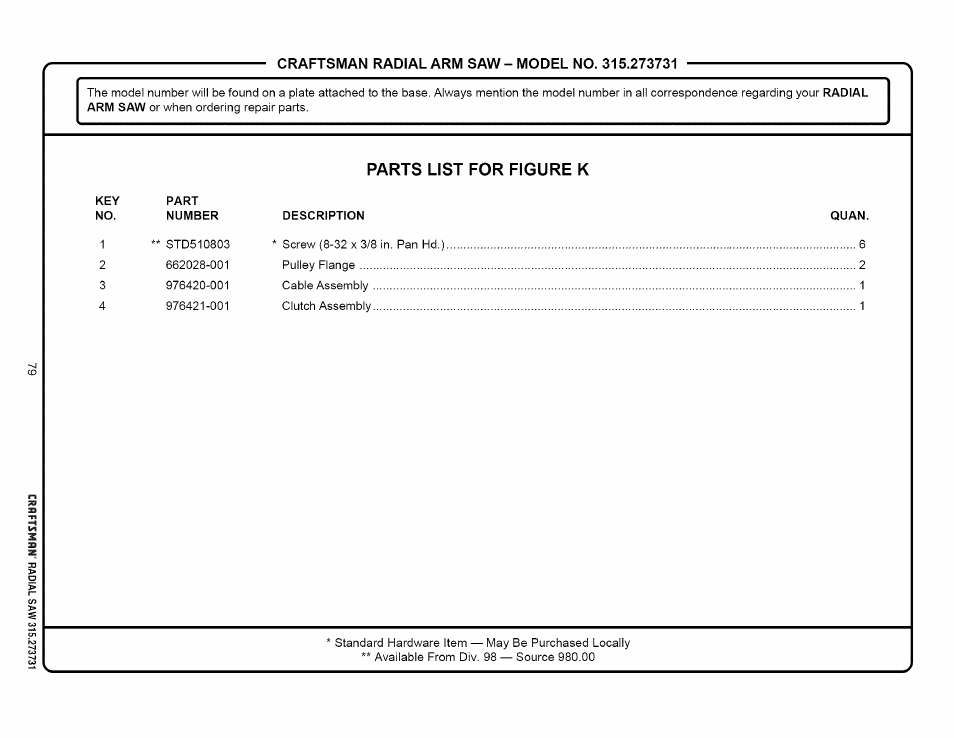 Parts list for figure k | Craftsman 315.273731 User Manual | Page 79 / 80
