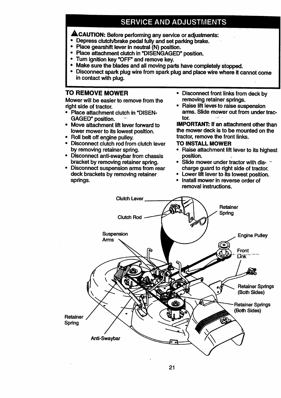 Service and adjustments, To remove mower | Craftsman 917.270512 User Manual | Page 21 / 60