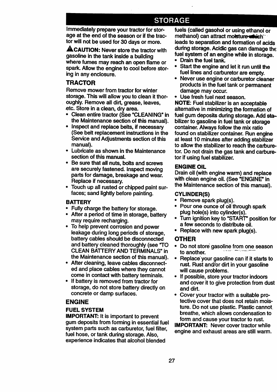Storage, Tractor, Engine | Other | Craftsman 917.270512 User Manual | Page 27 / 60
