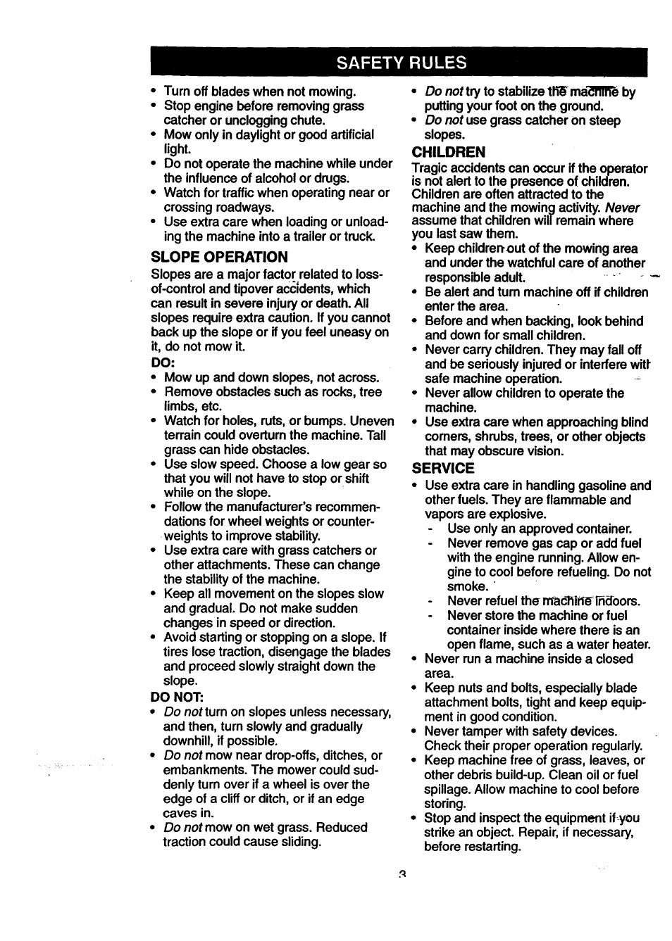 Slope operation, Children, Service | Safety rules | Craftsman 917.270512 User Manual | Page 3 / 60