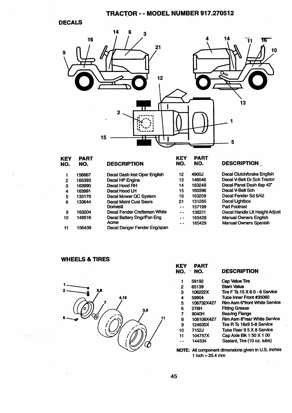 Decals, Wheels & tires | Craftsman 917.270512 User Manual | Page 45 / 60
