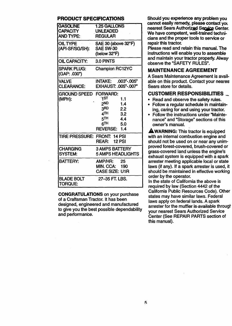 Maintenance agreement, Customer responsibilities, Product specihcations | Craftsman 917.270512 User Manual | Page 5 / 60