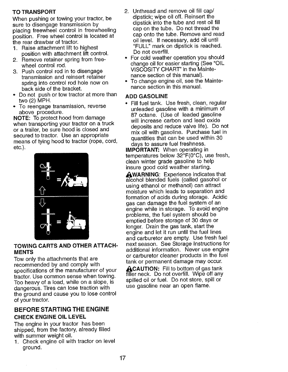 Towing carts and other attachments, Before starting the engine check engine oil level, Add gasoline | Before starting the engine | Craftsman 917.273062 User Manual | Page 17 / 68