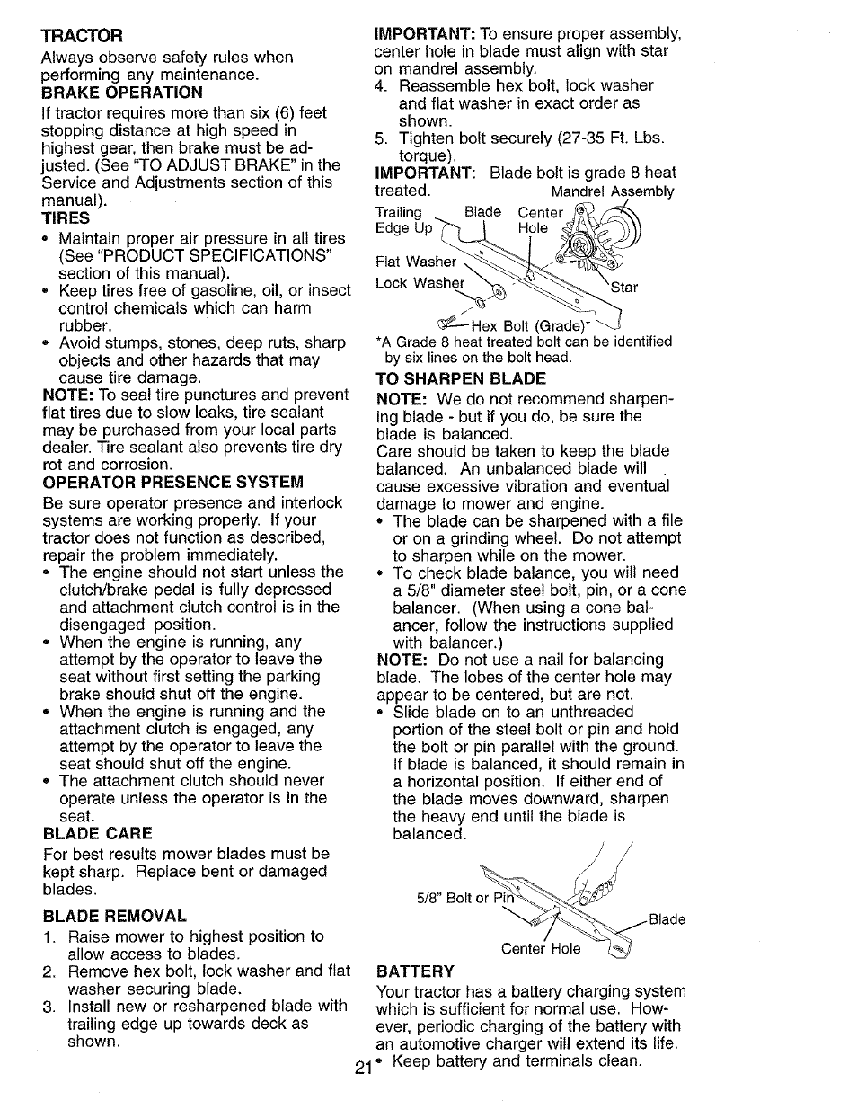 Brake operation, Tires, Operator presence system | Blade care, Blade removal, To sharpen blade, Battery, Tractor | Craftsman 917.273062 User Manual | Page 21 / 68