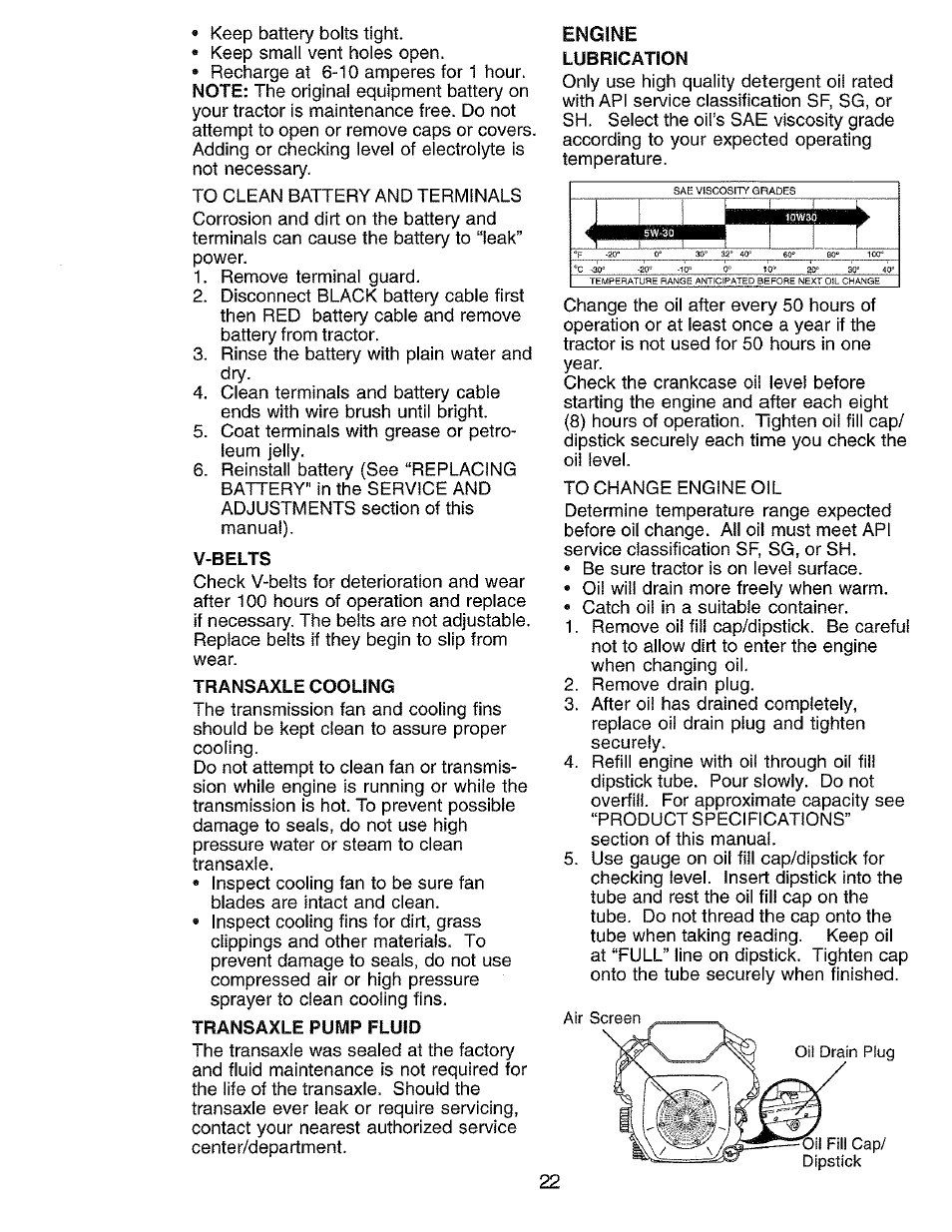 V-belts, Transaxle cooling, Transaxle pump fluid | Engine, Lubrication, I i i | Craftsman 917.273062 User Manual | Page 22 / 68