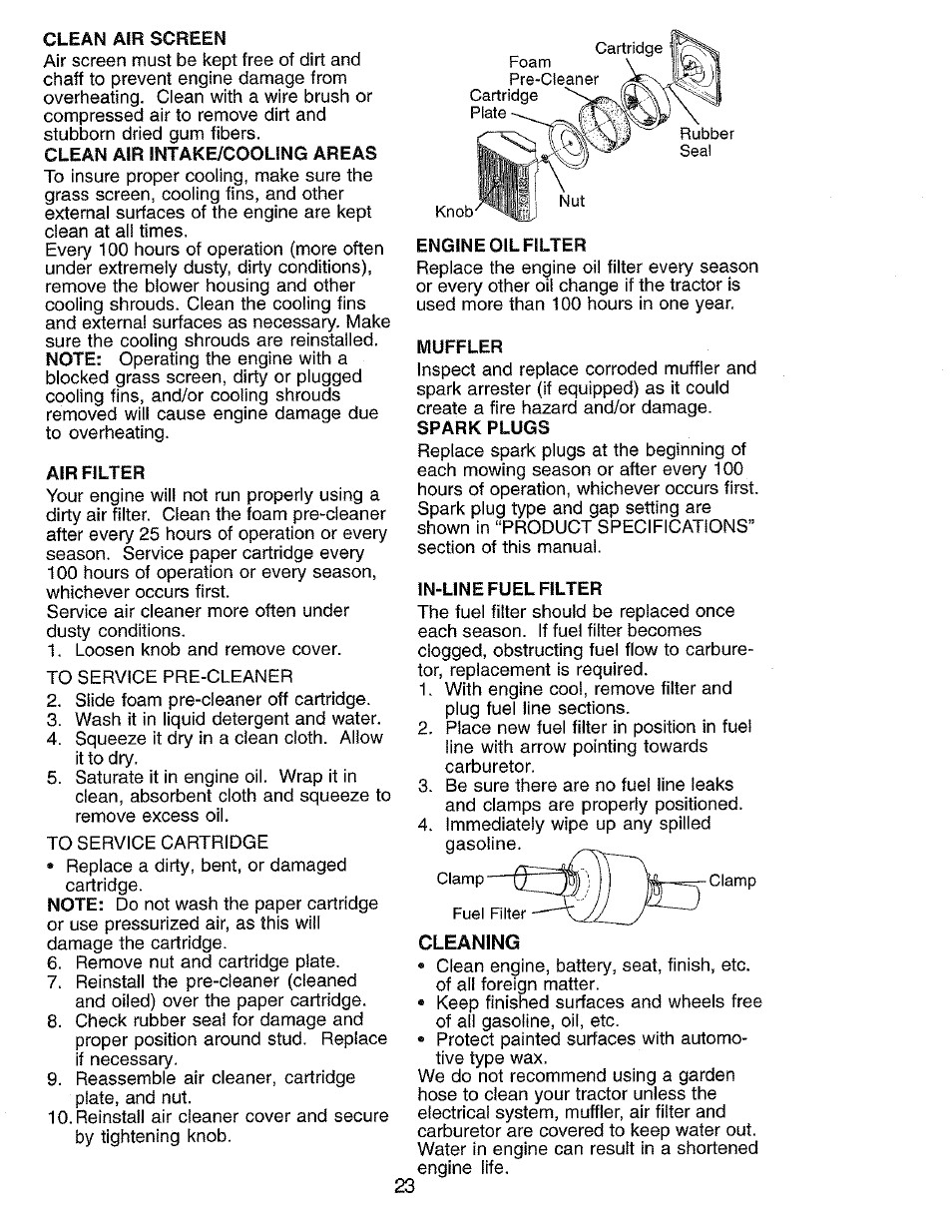 Clean air screen, Air filter, Engine oil filter | Muffler, In-line fuel filter | Craftsman 917.273062 User Manual | Page 23 / 68