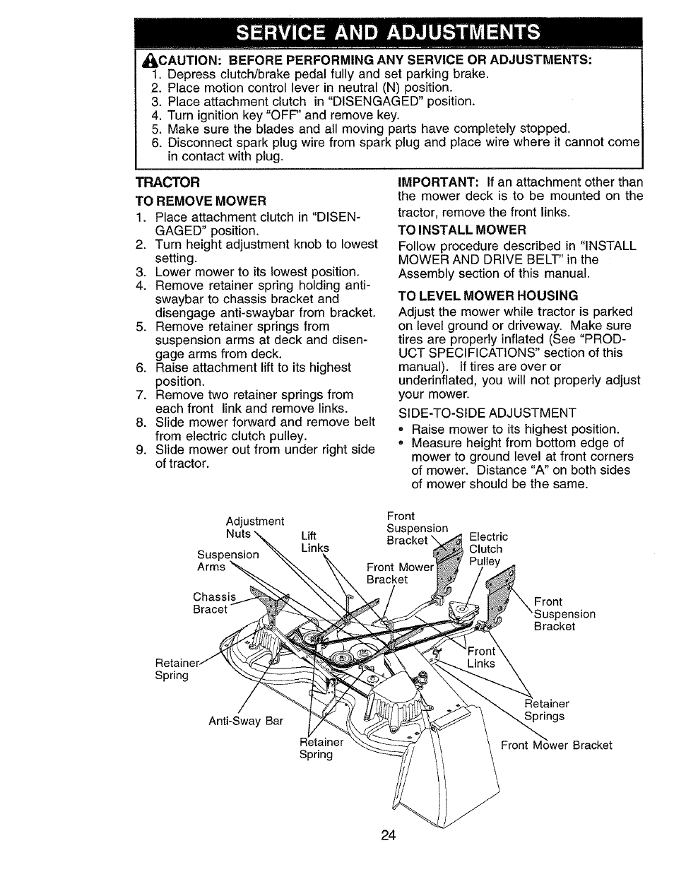 Service and adjustments, Tractor, To remove mower | To level mower housing | Craftsman 917.273062 User Manual | Page 24 / 68