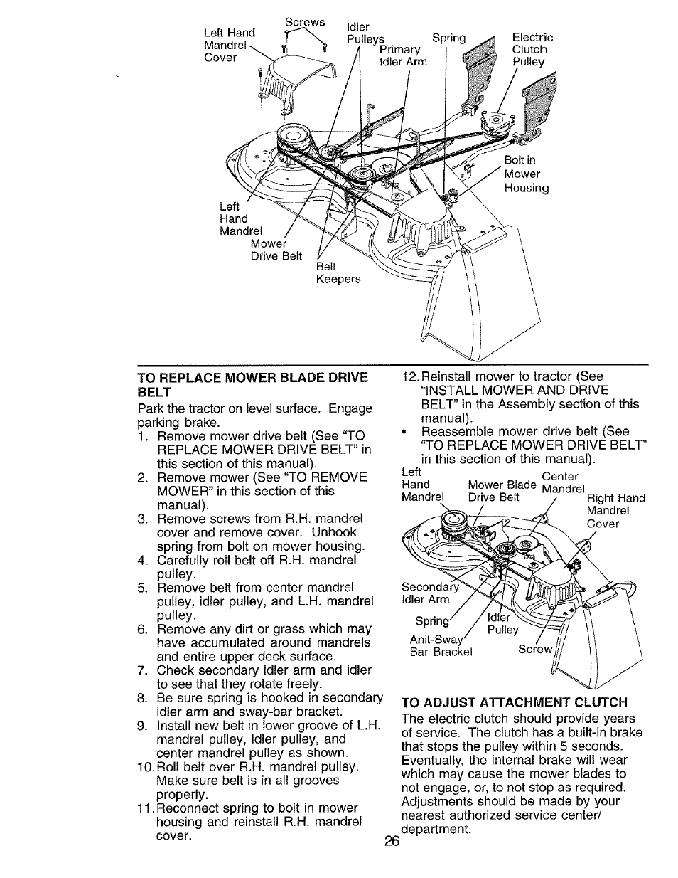 To replace mower blade drive, Belt, To adjust attachment clutch | Craftsman 917.273062 User Manual | Page 26 / 68
