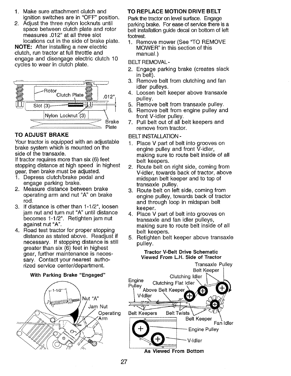To adjust brake, To replace motion drive belt | Craftsman 917.273062 User Manual | Page 27 / 68