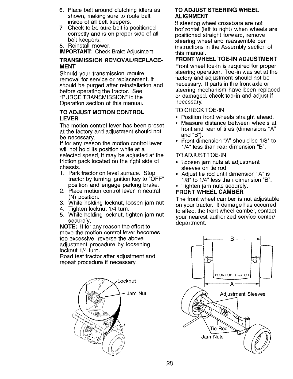 Transmission removal/replace, Ment, To adjust motion control lever | To adjust steering wheel alignment, Front wheel toe-in adjustment, Front wheel camber | Craftsman 917.273062 User Manual | Page 28 / 68