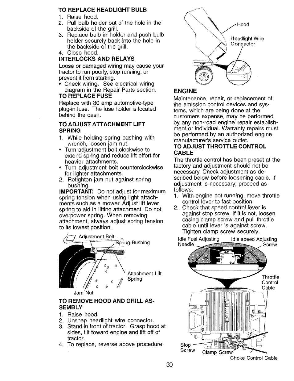 To replace headlight bulb, Interlocks and relays, To adjust attachment lift spring | To remove hood and grill assembly, To adjust throttle control cable | Craftsman 917.273062 User Manual | Page 30 / 68