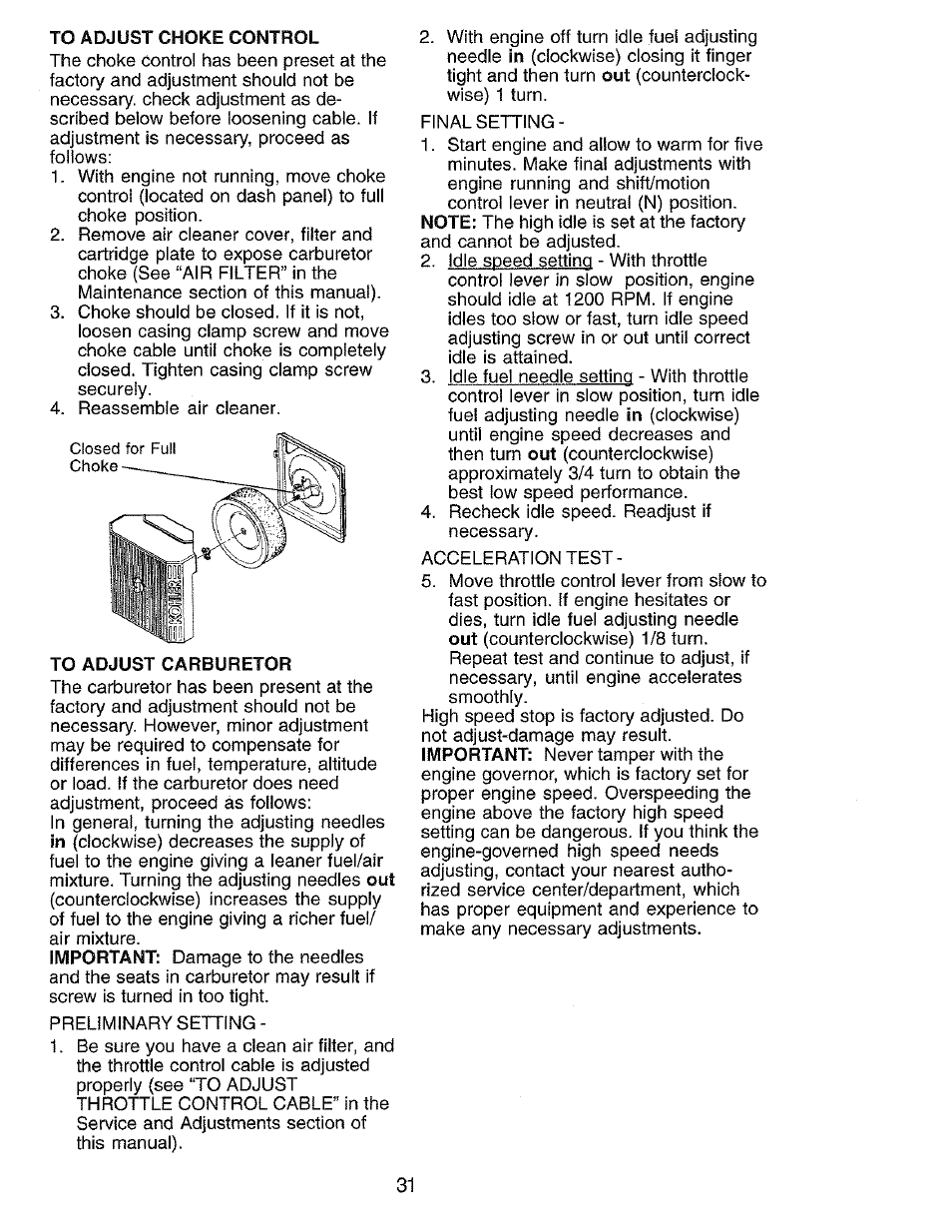 To adjust choke control, To adjust carburetor | Craftsman 917.273062 User Manual | Page 31 / 68