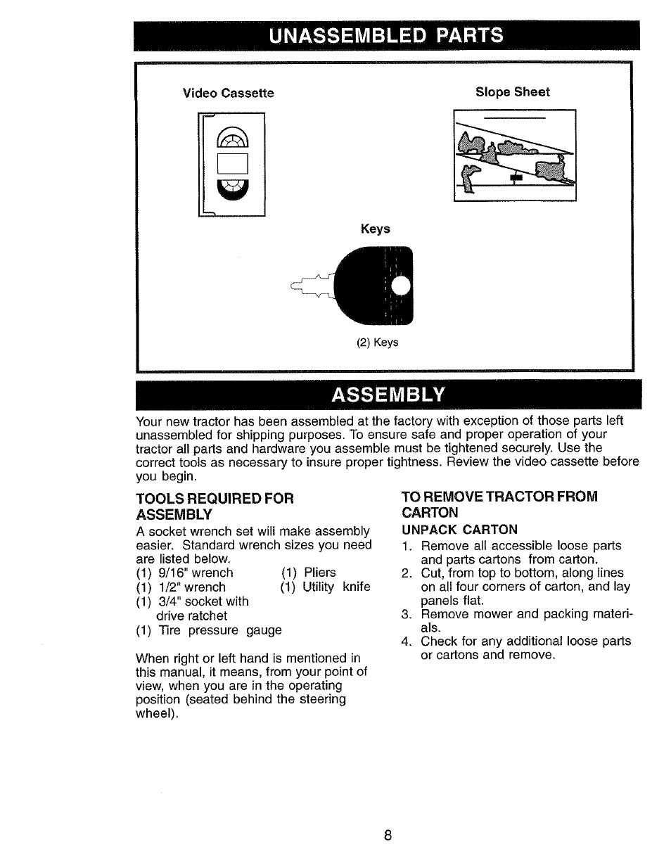 Unassembled parts, Tools required for assembly, To remove tractor from carton | Unpack carton | Craftsman 917.273062 User Manual | Page 8 / 68