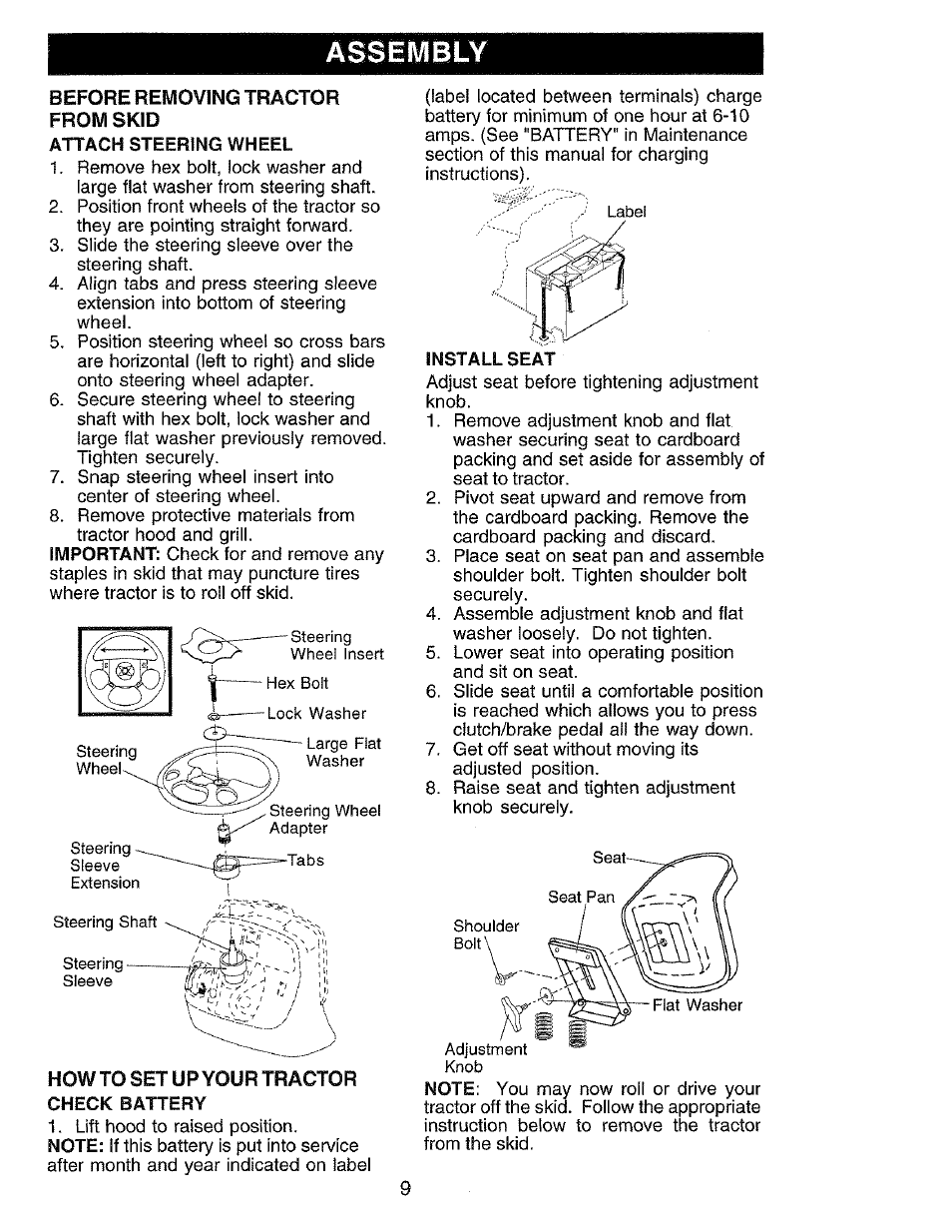 Before removing tractor from skid, Attach steering wheel, How to set up your tractor check battery | Install seat, Assimbly | Craftsman 917.273062 User Manual | Page 9 / 68