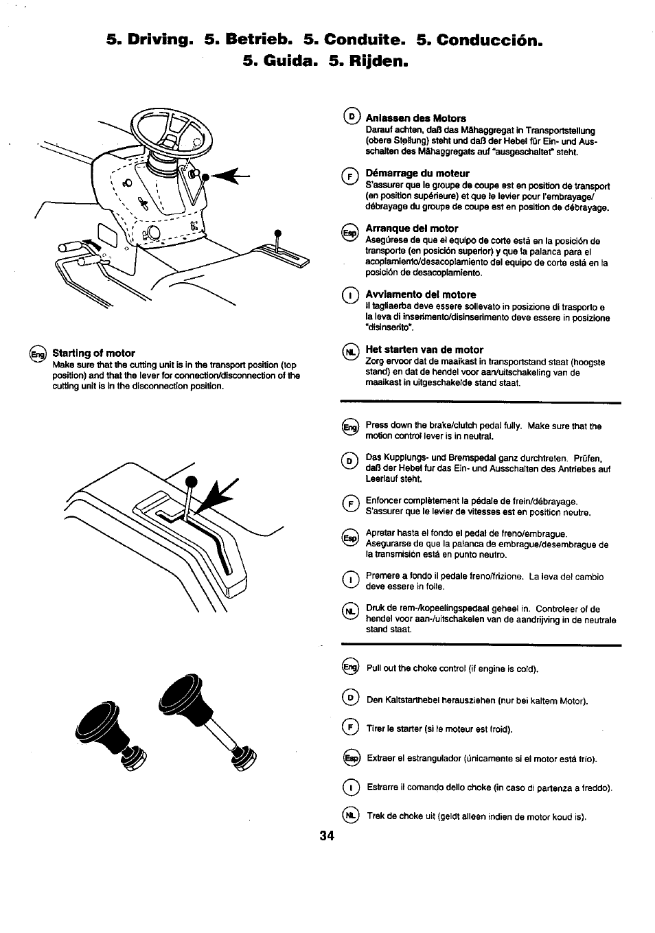 Starting of motor, Ì anlassen des motors, Démarrage du moteur | Avviamento del motore, Het starten van de motor | Craftsman 25949 User Manual | Page 34 / 68