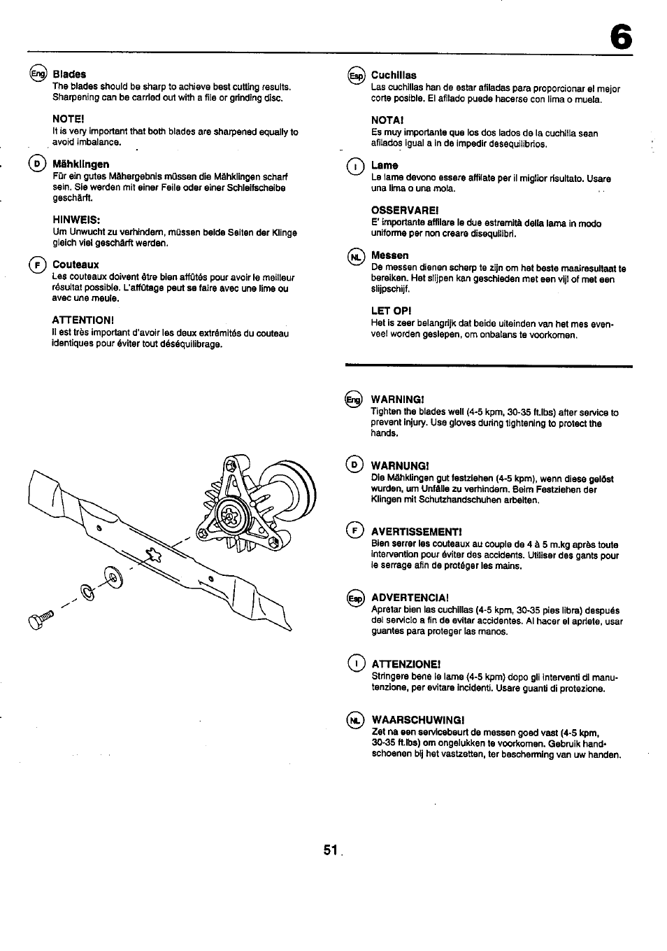 Blades, Note, Mähklingen | Hinweis, F j couteaux, Attention, Cuchillas, Nota, Lame, Osservare | Craftsman 25949 User Manual | Page 51 / 68