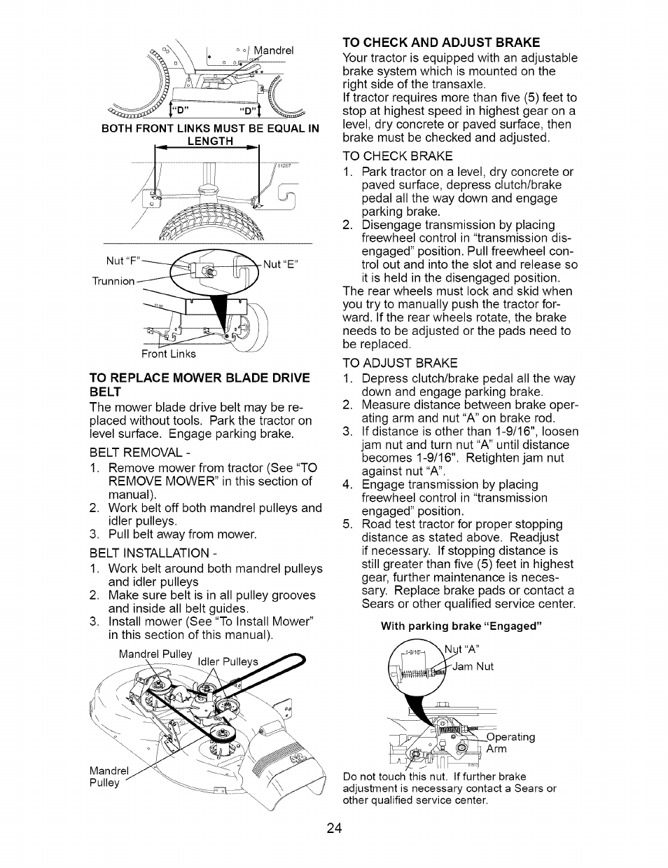 To replace mower blade drive belt, To check and adjust brake | Craftsman DYT 4000 917.273642 User Manual | Page 24 / 56