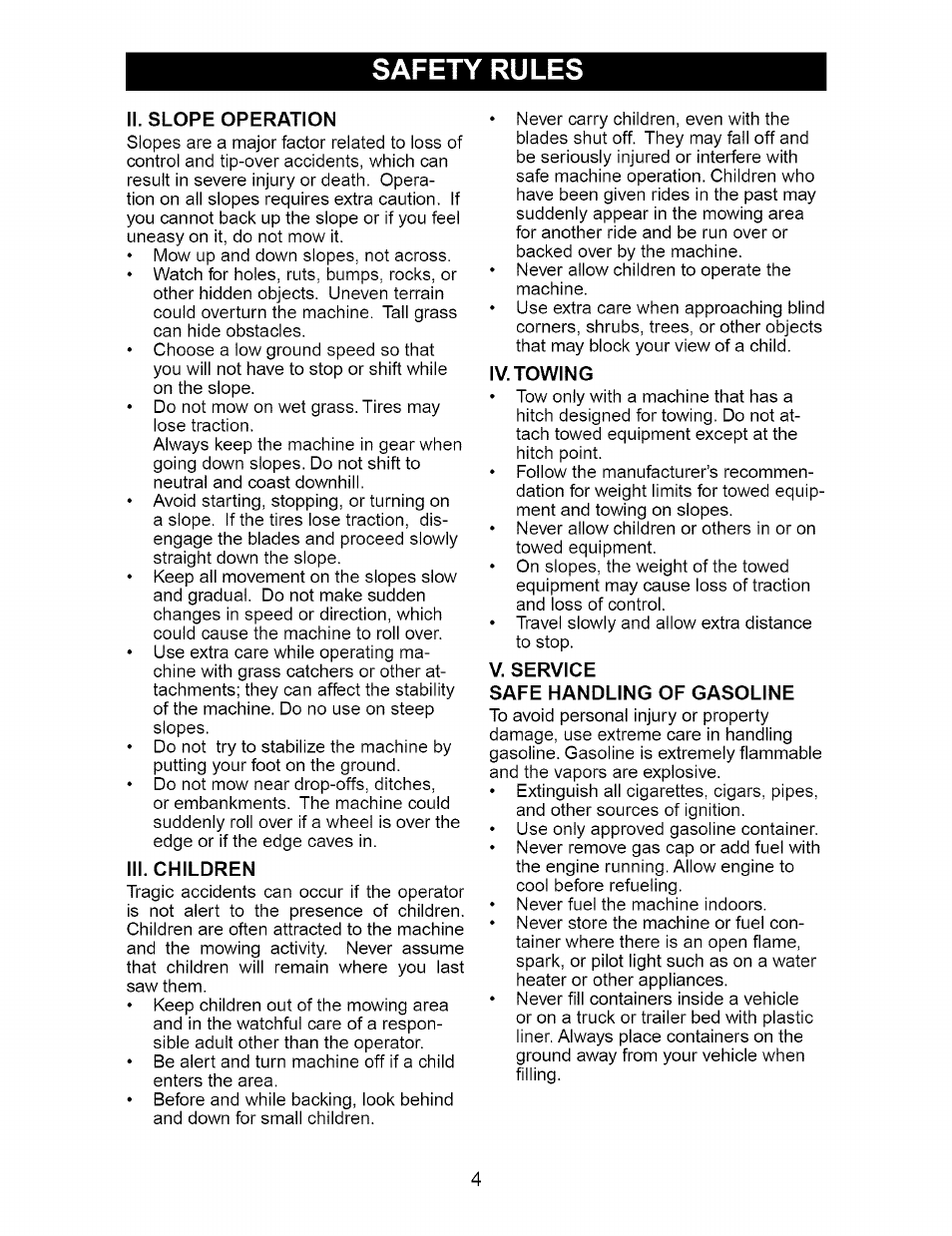 Ii. slope operation, Iii. children, Iv. towing | V. service, Safe handling of gasoline, Safety rules | Craftsman DYT 4000 917.273642 User Manual | Page 4 / 56