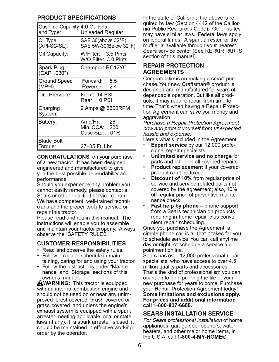 Customer responsibilities, Repair protection agreements, Sears installation service | Craftsman DYT 4000 917.273642 User Manual | Page 6 / 56