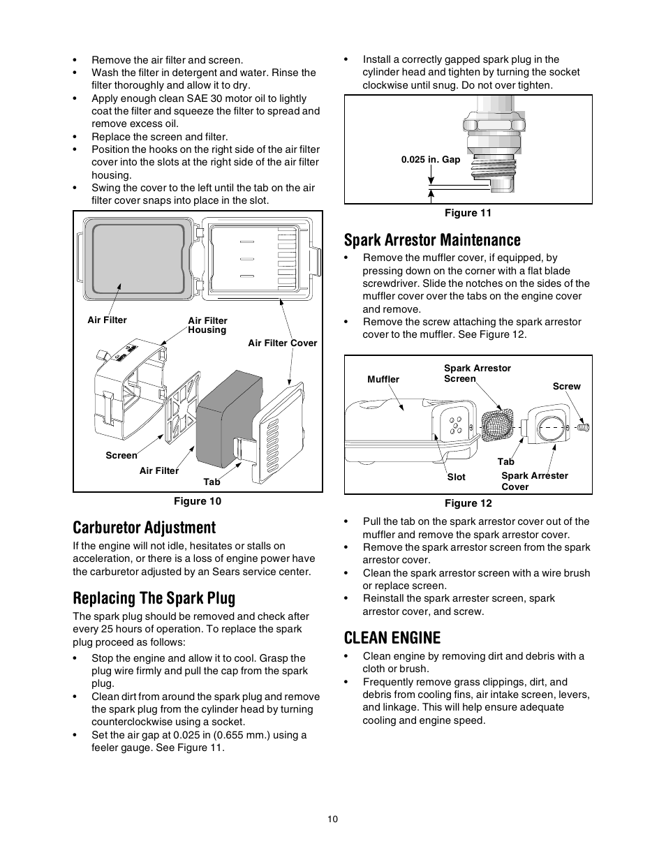 Carburetor adjustment, Replacing the spark plug, Spark arrestor maintenance | Clean engine | Craftsman 316.2927 User Manual | Page 10 / 32