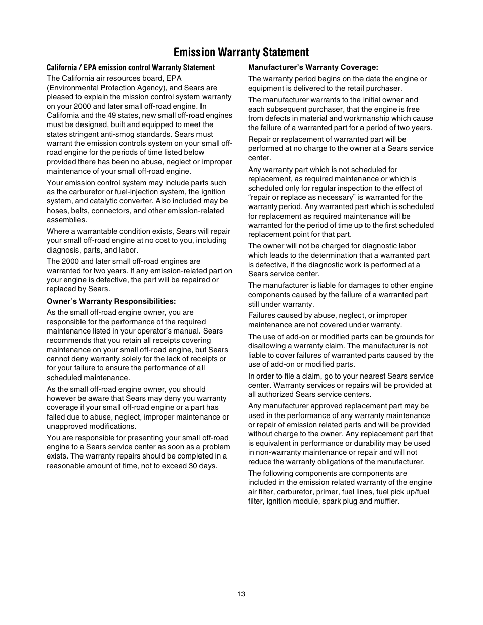 Emission warranty statement | Craftsman 316.2927 User Manual | Page 13 / 32