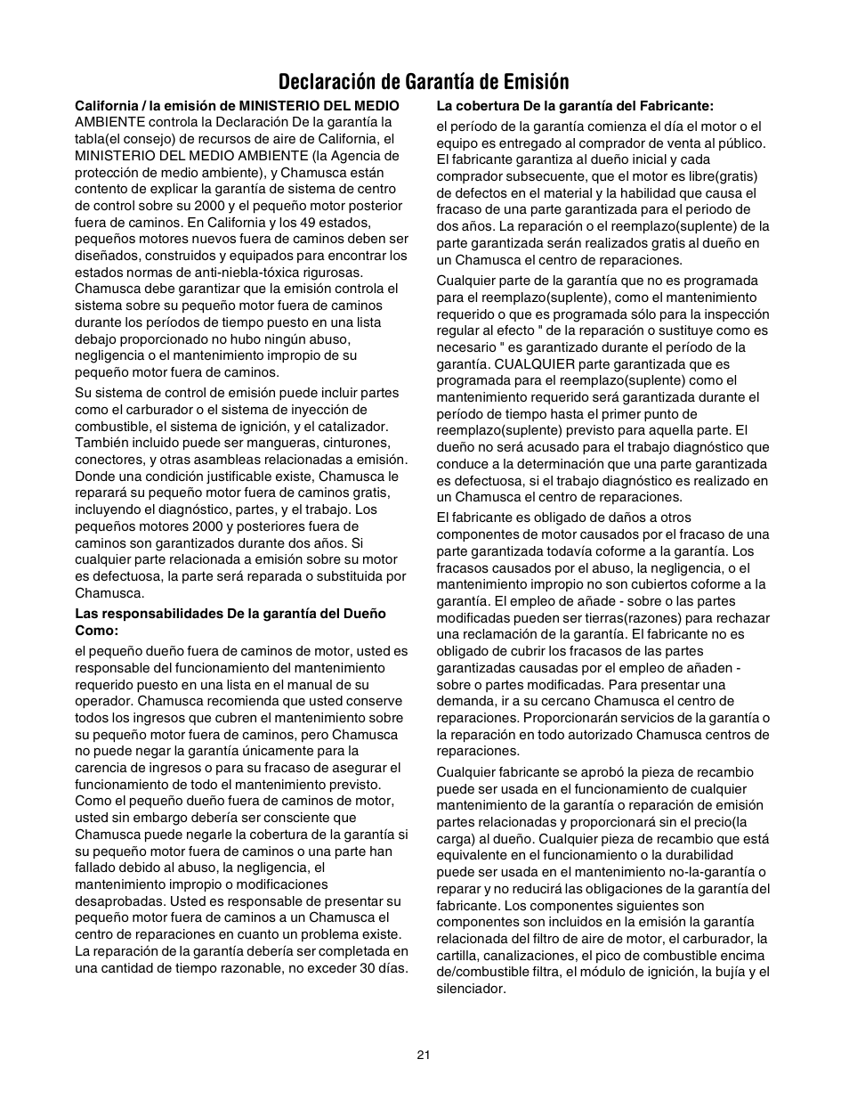 Declaración de garantía de emisión | Craftsman 316.2927 User Manual | Page 21 / 32