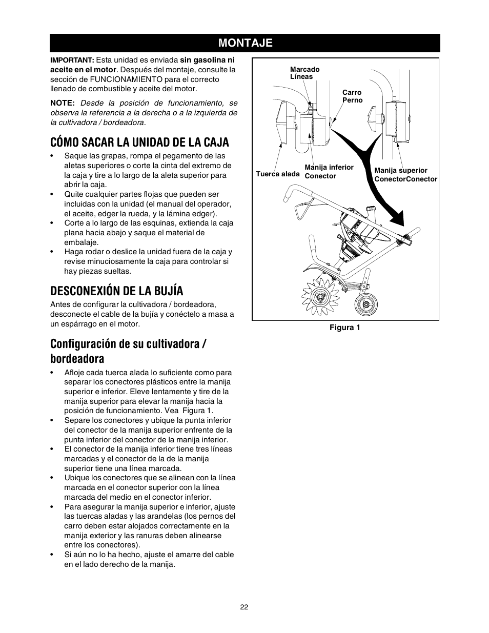 Cómo sacar la unidad de la caja, Desconexión de la bujía, Configuración de su cultivadora / bordeadora | Montaje | Craftsman 316.2927 User Manual | Page 22 / 32