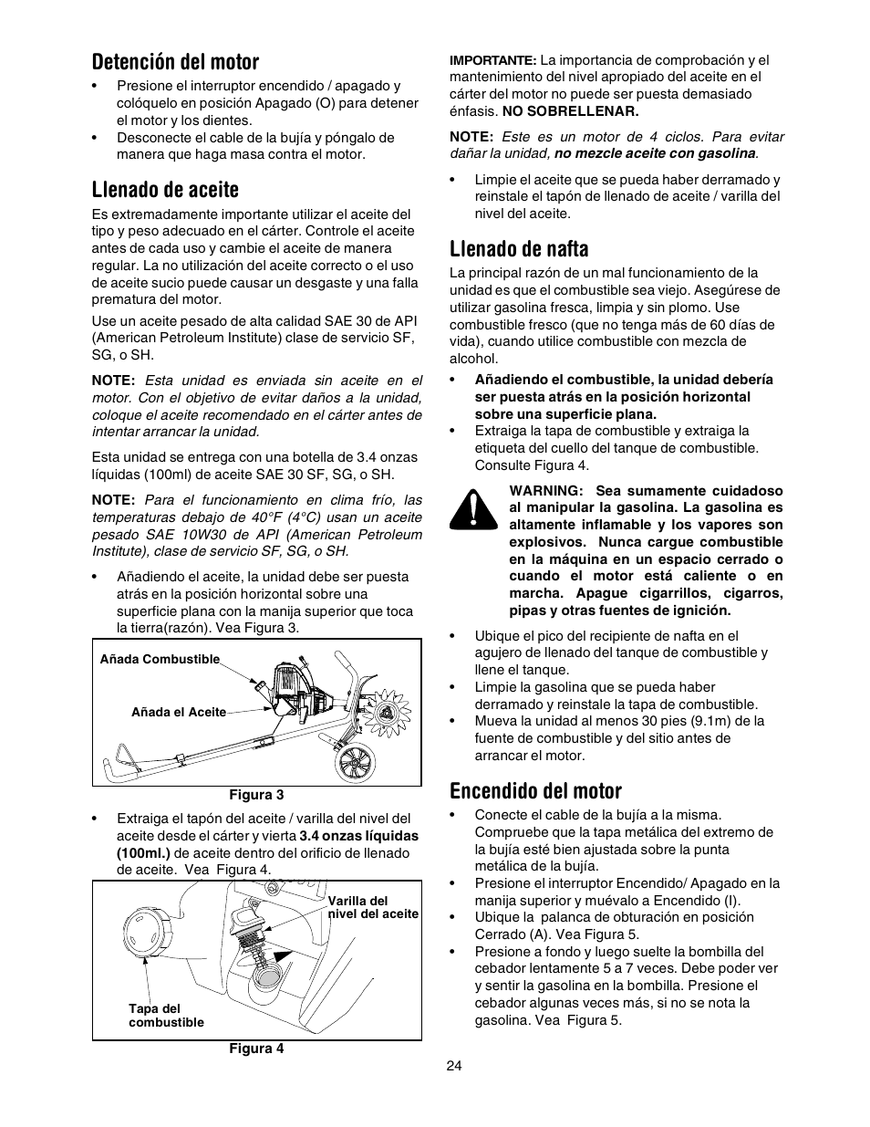 Detención del motor, Llenado de aceite, Llenado de nafta | Encendido del motor | Craftsman 316.2927 User Manual | Page 24 / 32