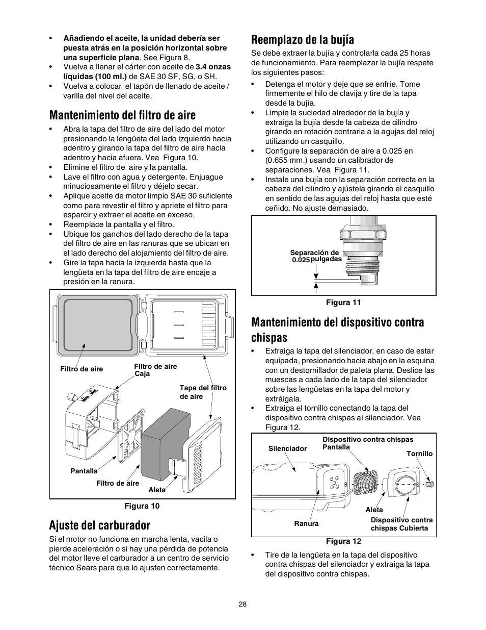 Mantenimiento del filtro de aire, Ajuste del carburador, Reemplazo de la bujía | Mantenimiento del dispositivo contra chispas | Craftsman 316.2927 User Manual | Page 28 / 32