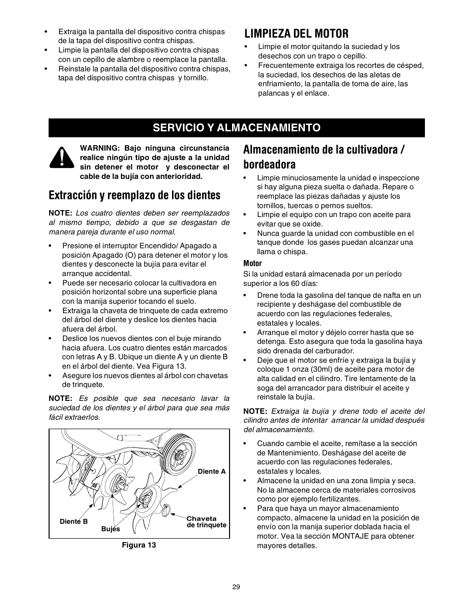 Extracción y reemplazo de los dientes, Almacenamiento de la cultivadora / bordeadora, Limpieza del motor | Servicio y almacenamiento | Craftsman 316.2927 User Manual | Page 29 / 32