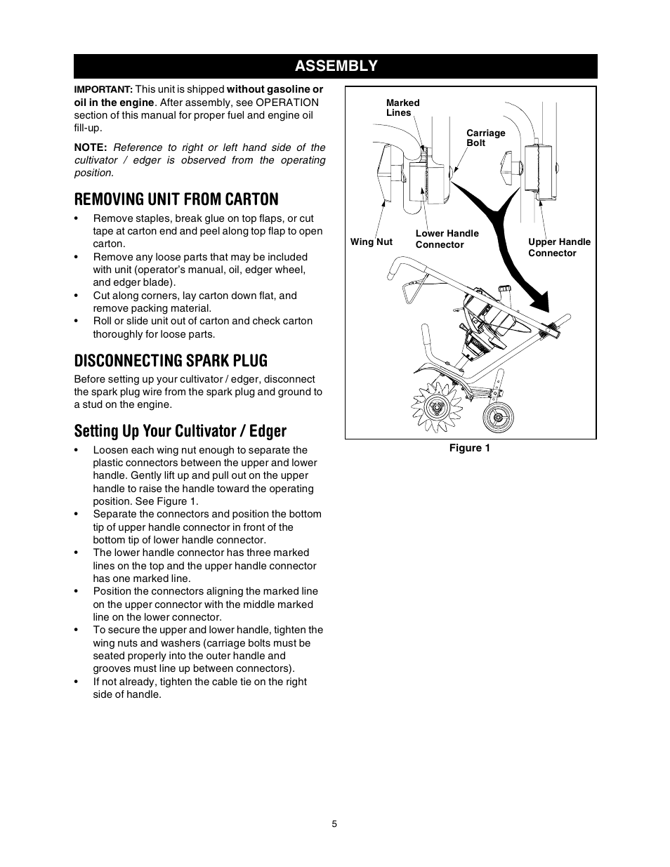 Removing unit from carton, Disconnecting spark plug, Setting up your cultivator / edger | Assembly | Craftsman 316.2927 User Manual | Page 5 / 32