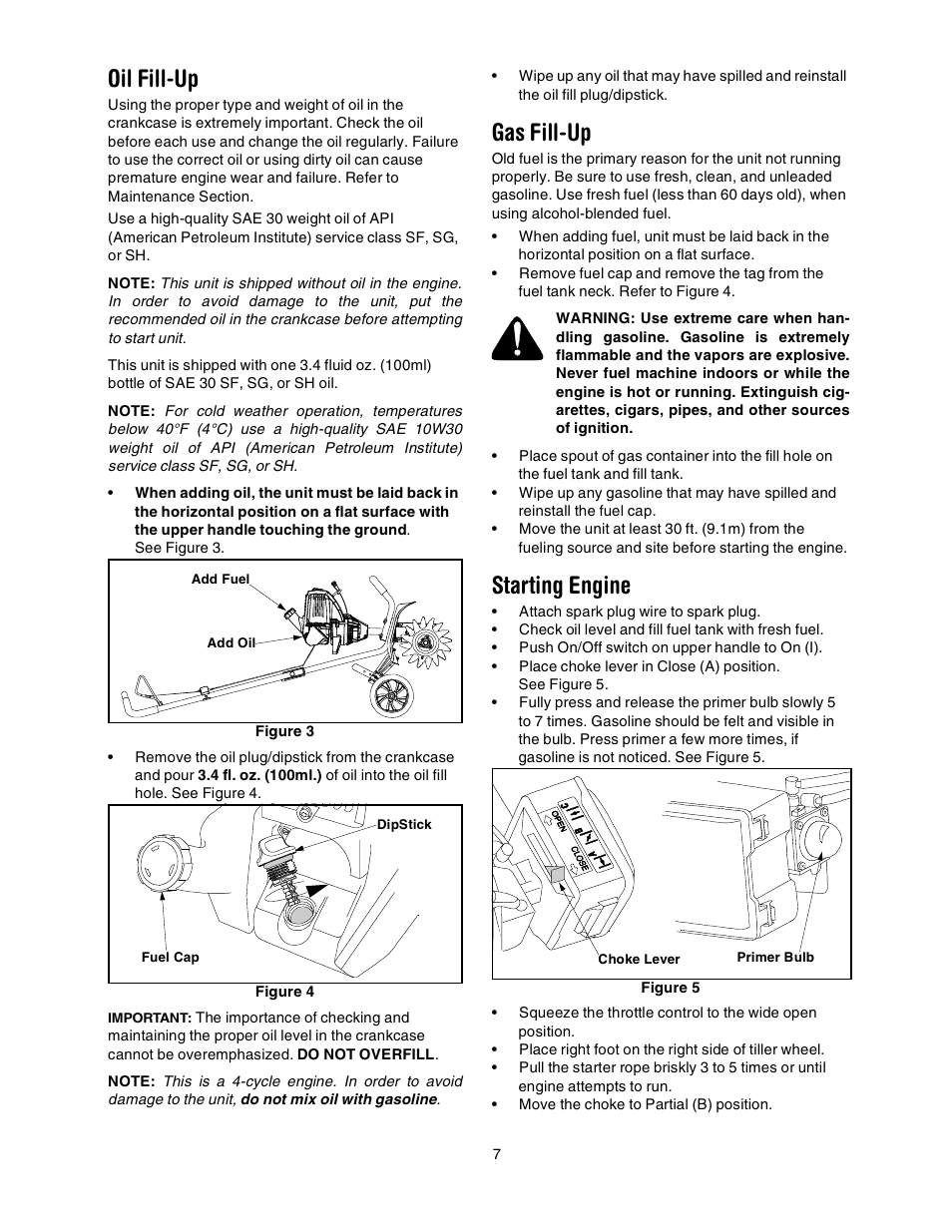 Oil fill-up, Gas fill-up, Starting engine | Craftsman 316.2927 User Manual | Page 7 / 32