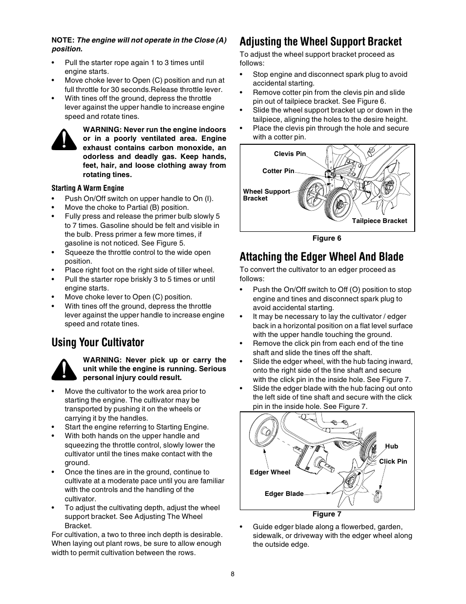 Using your cultivator, Adjusting the wheel support bracket, Attaching the edger wheel and blade | Craftsman 316.2927 User Manual | Page 8 / 32