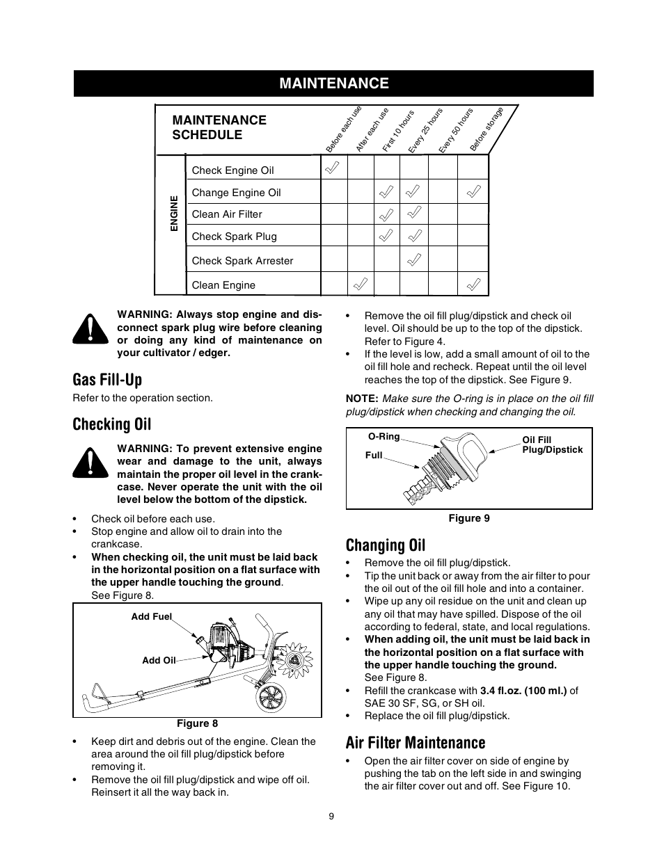 Gas fill-up, Checking oil, Changing oil | Air filter maintenance, Maintenance, Maintenance schedule | Craftsman 316.2927 User Manual | Page 9 / 32