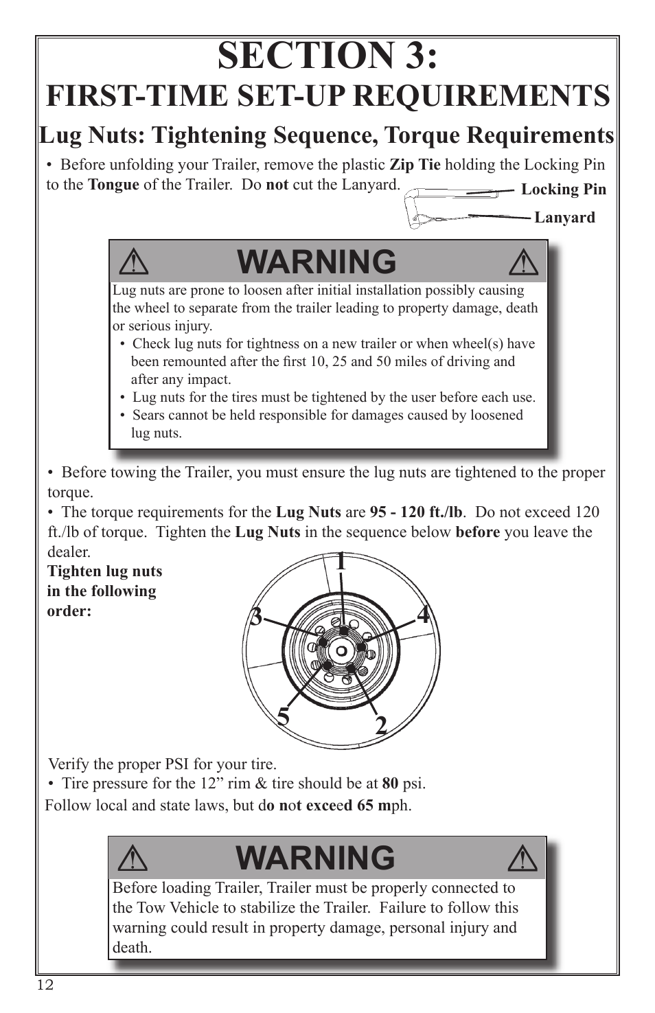 Warning, First-time set-up requirements, Lug nuts: tightening sequence, torque requirements | Craftsman 0220 User Manual | Page 12 / 56