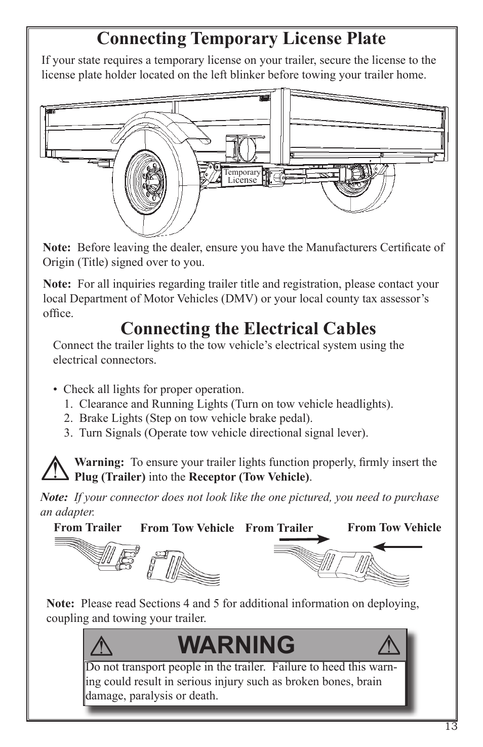 Warning, Connecting temporary license plate, Connecting the electrical cables | Craftsman 0220 User Manual | Page 13 / 56