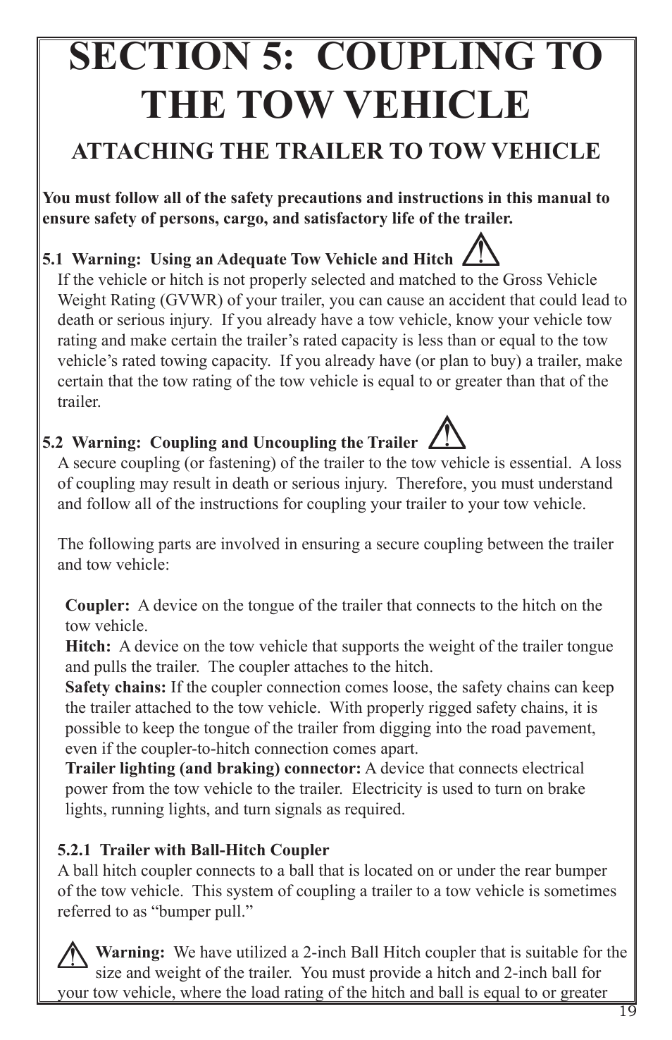 Attaching the trailer to tow vehicle | Craftsman 0220 User Manual | Page 19 / 56