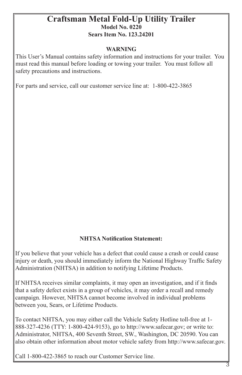 Craftsman metal fold-up utility trailer | Craftsman 0220 User Manual | Page 3 / 56