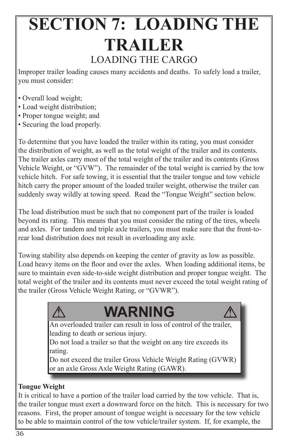 Warning, Loading the cargo | Craftsman 0220 User Manual | Page 36 / 56