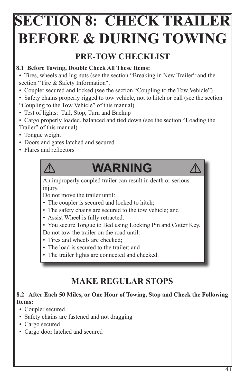 Warning, Pre-tow checklist, Make regular stops | Craftsman 0220 User Manual | Page 41 / 56