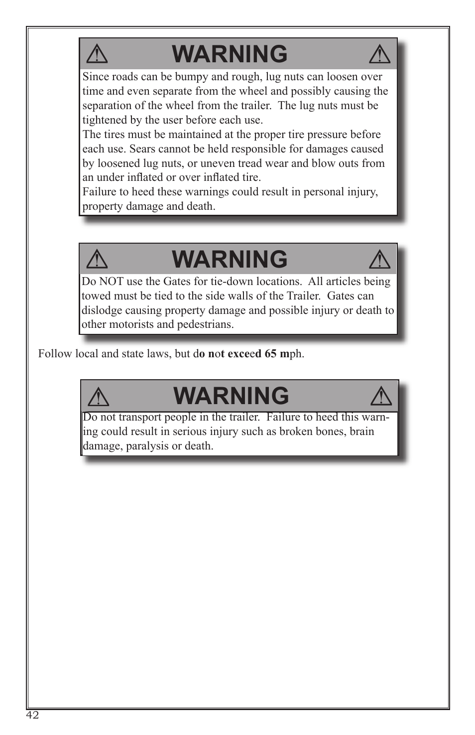 Warning | Craftsman 0220 User Manual | Page 42 / 56