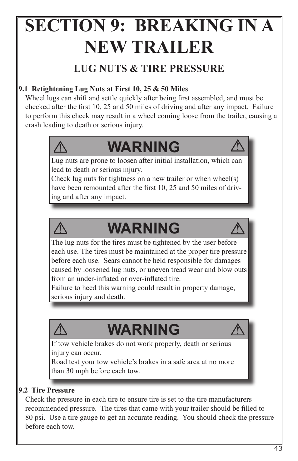 Warning, Lug nuts & tire pressure | Craftsman 0220 User Manual | Page 43 / 56