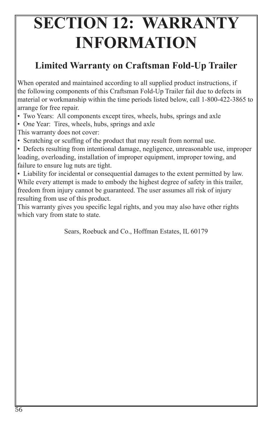 Limited warranty on craftsman fold-up trailer | Craftsman 0220 User Manual | Page 56 / 56