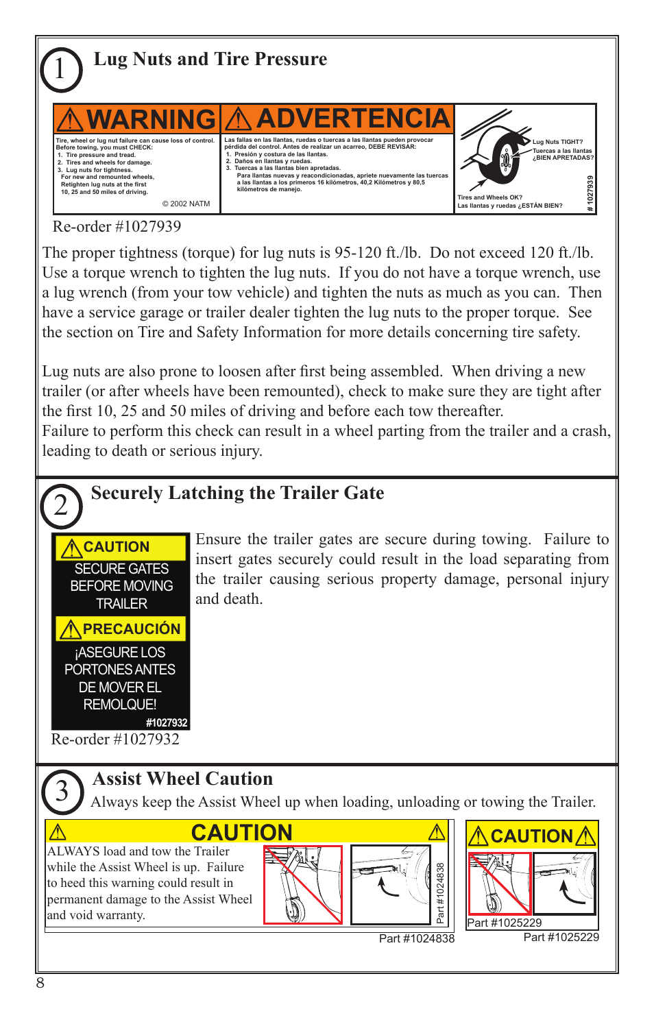 Advertencia, Warning, Caution | Assist wheel caution | Craftsman 0220 User Manual | Page 8 / 56