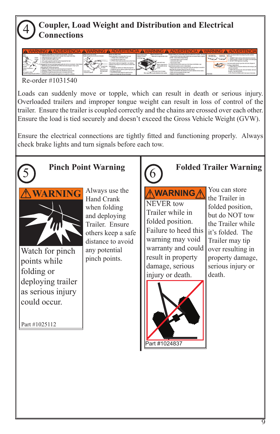 Folded trailer warning pinch point warning, Warning | Craftsman 0220 User Manual | Page 9 / 56