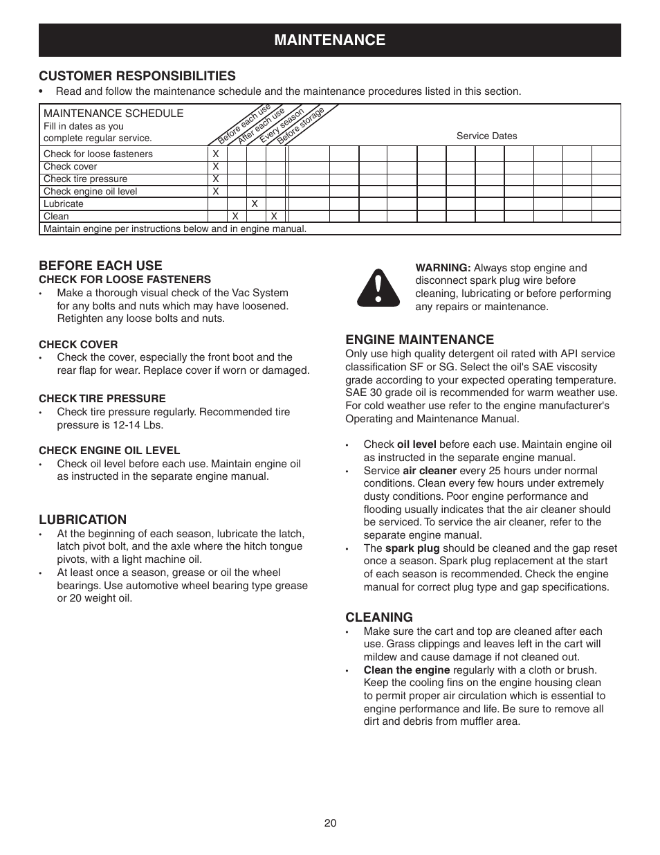 Maintenance | Craftsman MONSTER 486.245071 User Manual | Page 20 / 28