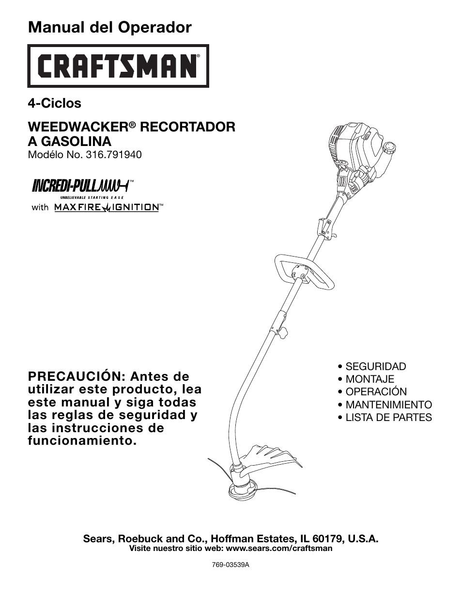 Manual del operador, Ciclos weedwacker, Recortador a gasolina | Craftsman 316.79194 User Manual | Page 17 / 36